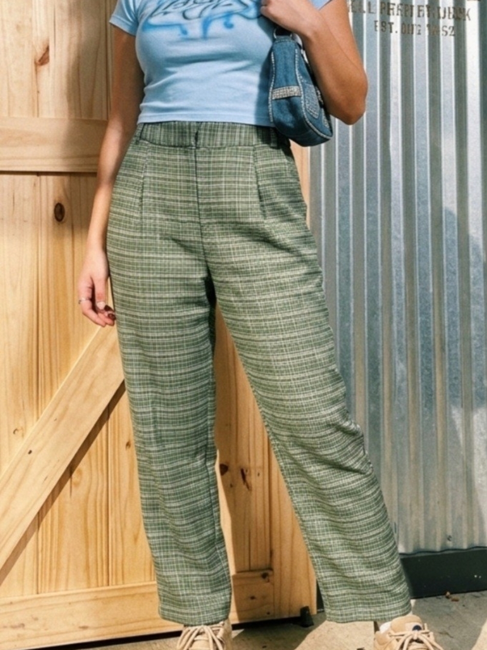 The Lumiere Olive Green High Waisted Plaid Trousers L